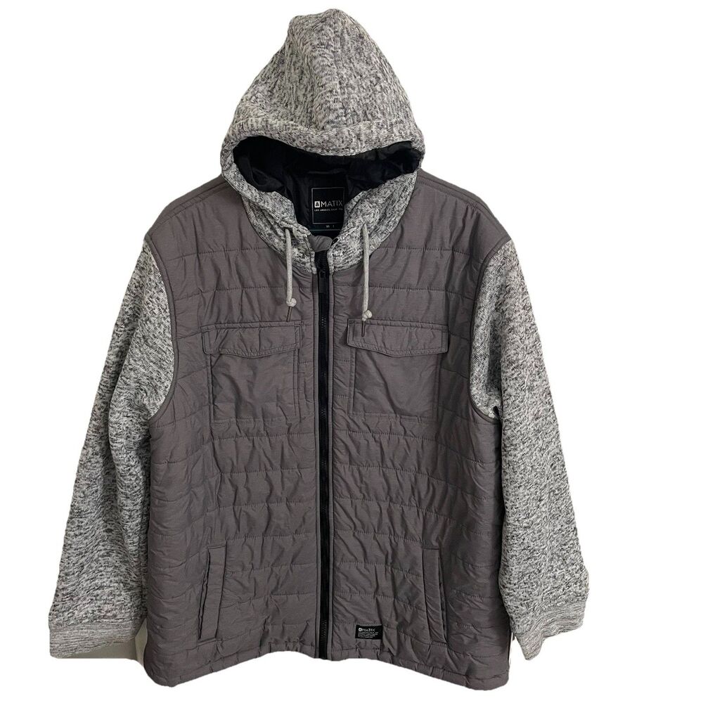 Matix Jacket Mens XL Gray Hooded Quilted Puffer Fleece Lined Full Zip Outdoor